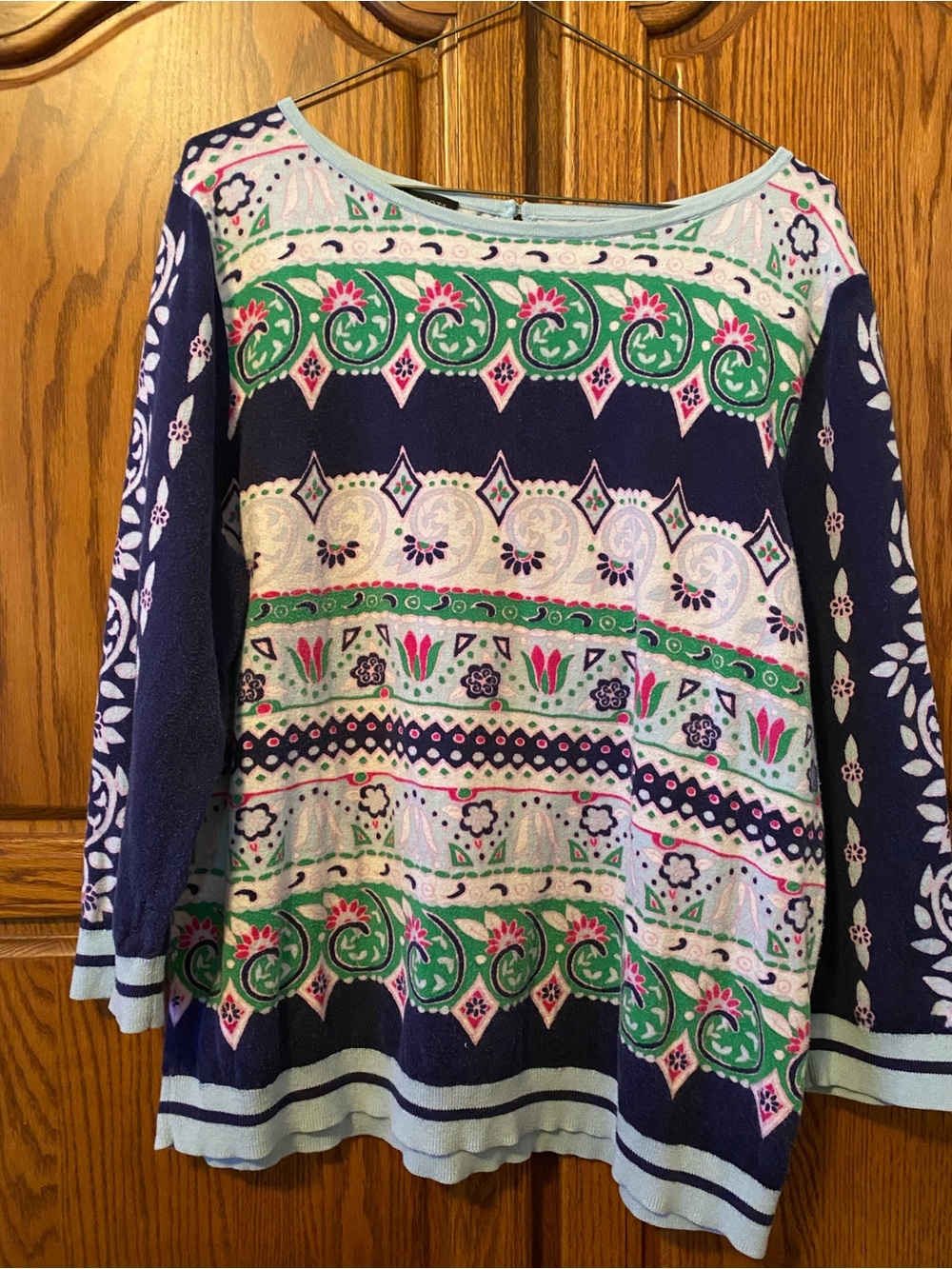 Talbot’s Navy and Green Patterned Boatneck Top, XL